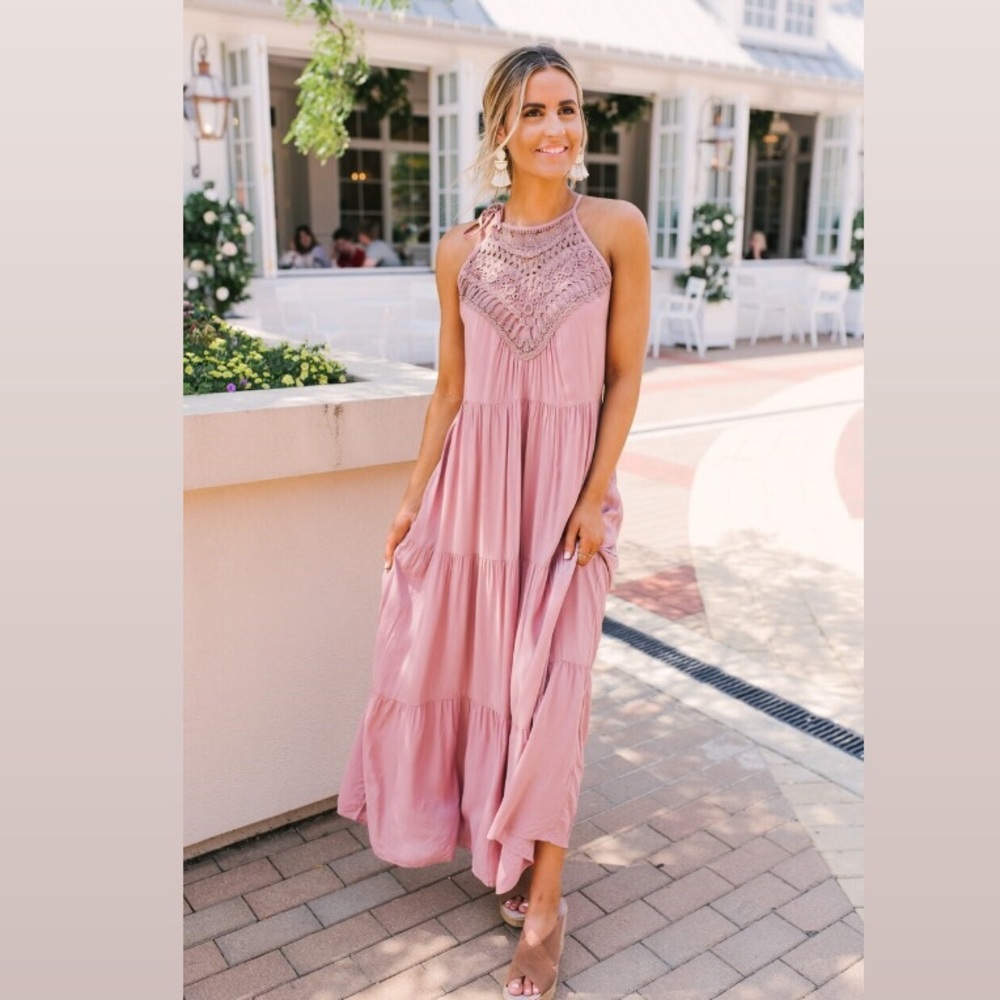 Halter Neck Crochet Detail Tiered Maxi Dusty Pink